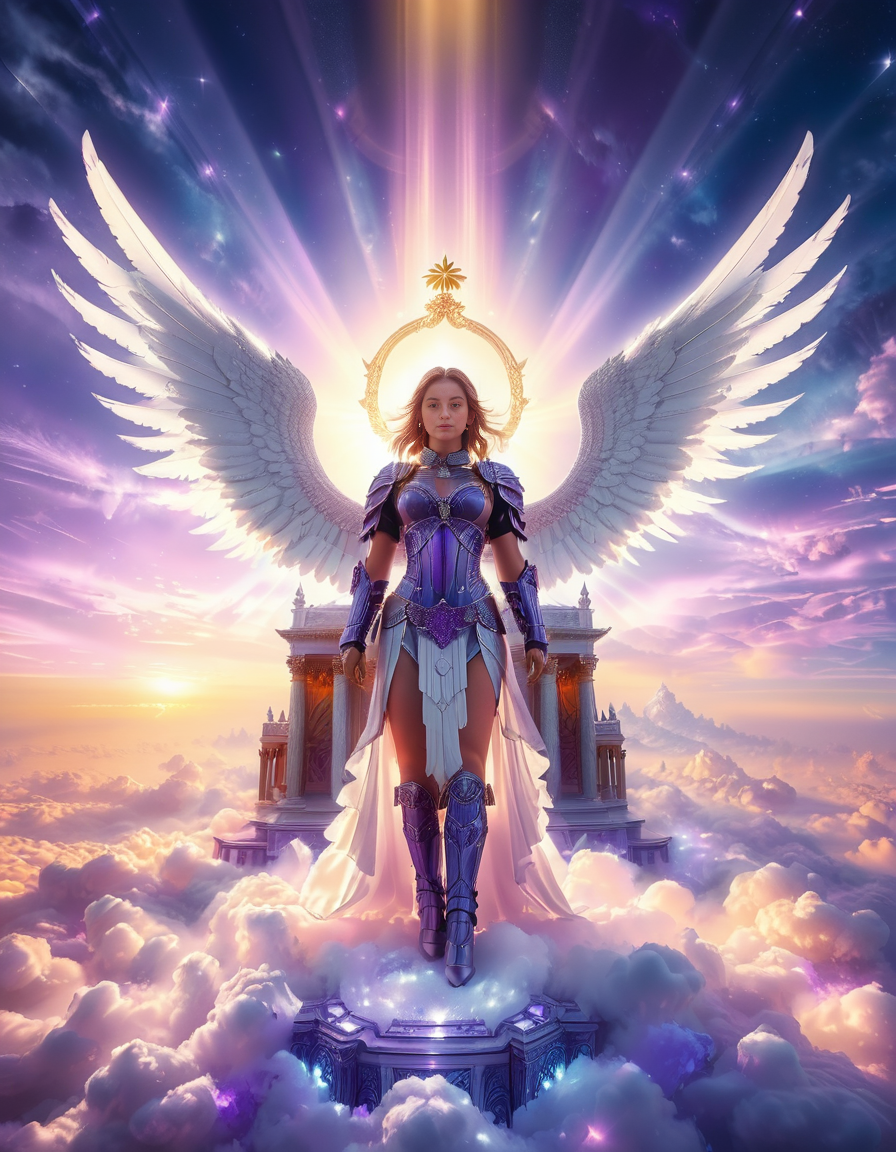 <lora:sky_t3mpl3:1>,cowboy shot,(looking at viewer:1.6),
A fierce warrior angel standing on clouds in front of a majestic celestial sky temple,sky t3mpl3.(arms behind back:1.3), She wears futuristic, sleek black armor with purple accents, blending fantasy and sci-fi elements. Her armor is adorned with glowing, purple gemstones at her chest and shoulders, radiating a soft light that matches the ethereal surroundings. Large, metallic angel wings with a high-tech design extend from her back, with white feathers and metallic frames, combining elegance with strength. She looks directly at the photographer with an intense, focused gaze, creating a powerful connection with the viewer. Behind her, the grand temple is made of gleaming, white stone and crystal pillars, floating among the clouds, illuminated by soft rays of heavenly light. The sky is filled with a soft pink and purple glow, casting a serene yet powerful atmosphere around this divine guardian.<lora:SDXLFaeTastic2400:0.4> <lora:extremely_detailed:0.4> extremely detailed,, Masterpiece,best quality,hi res,8k,hi res,8k,award winning,(sharp focus, intricate, highly detailed),