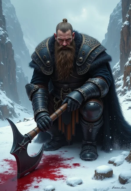 An atmospheric and powerful dark fantasy image, classical style painting of a rugged dwarven warrior dressed in intricate black armor. He crouches with his head facing viewer and with a sorrowful visage . He holds a powerful axe. There is blood in the snow around him from a fallen enemy. Cinematic shot in a snowy mountainous region.