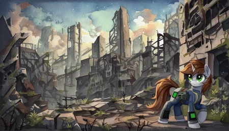 score_9, score_8_up, score_7_up, score_6_up, score_5_up, score_4_up, rating_safe, female, mare, pony, solo, unicorn, city, clothes, decoration, fallout equestria, green eyes, jumpsuit, oc, ruins, scenery, tail, vault suit, brown mane, oc only, oc:littlepip, detailed background, brown tail, the quality of ai art is frightening, highly detailed, watercolor painting, traditional art, <lora:MLP_Watercolor_Painting_v1-000006:1>