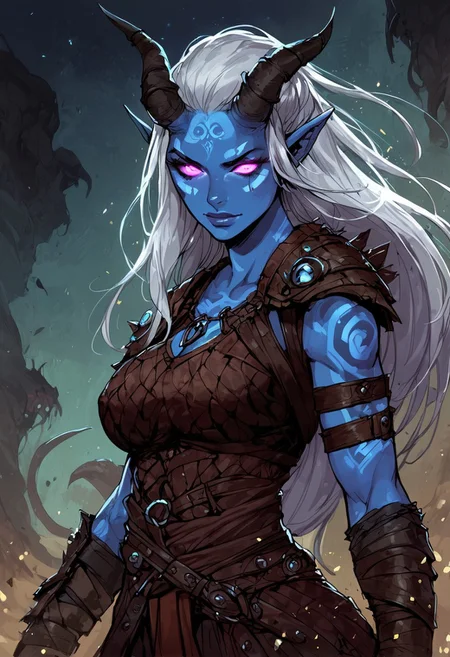 score_9, score_8_up, score_7_up, BREAK,
1girl, portrait, beautiful, tiefling shaman, white hair, (long hair:1.3), side bangs, horns, barbarian, gladiator, war paint, tribal markings, long tail, blue skin, pink eyes, glowing eyes, (smug:0.85), (big breast:1.25), dramatic lights
<lora:Fant5yP0ny:0.6> <lora:fantasy_world_pony:0.9> <lora:Cherry-Gig:0.55>