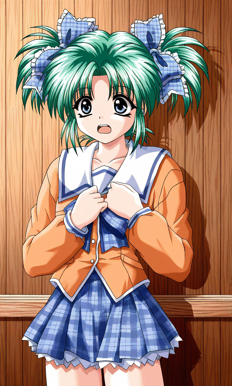 general,highres, ultra-detailed,very aesthetic,best quality ,best hands, BREAK <lora:Minase_Ruka_Akumu_AoiKajitsunoSange_IS:1>
Minase_Ruka, 1girl, solo, green hair, short twintails, blue eyes, hair ribbon, blue plaid ribbon, short,
school uniform, ribbon, orange sleeve, afraid+surprised,
outdoors,hands on own chest,, plaid skirt, plaid bow, long sleeves, serafuku, 
wood room, wood wall,