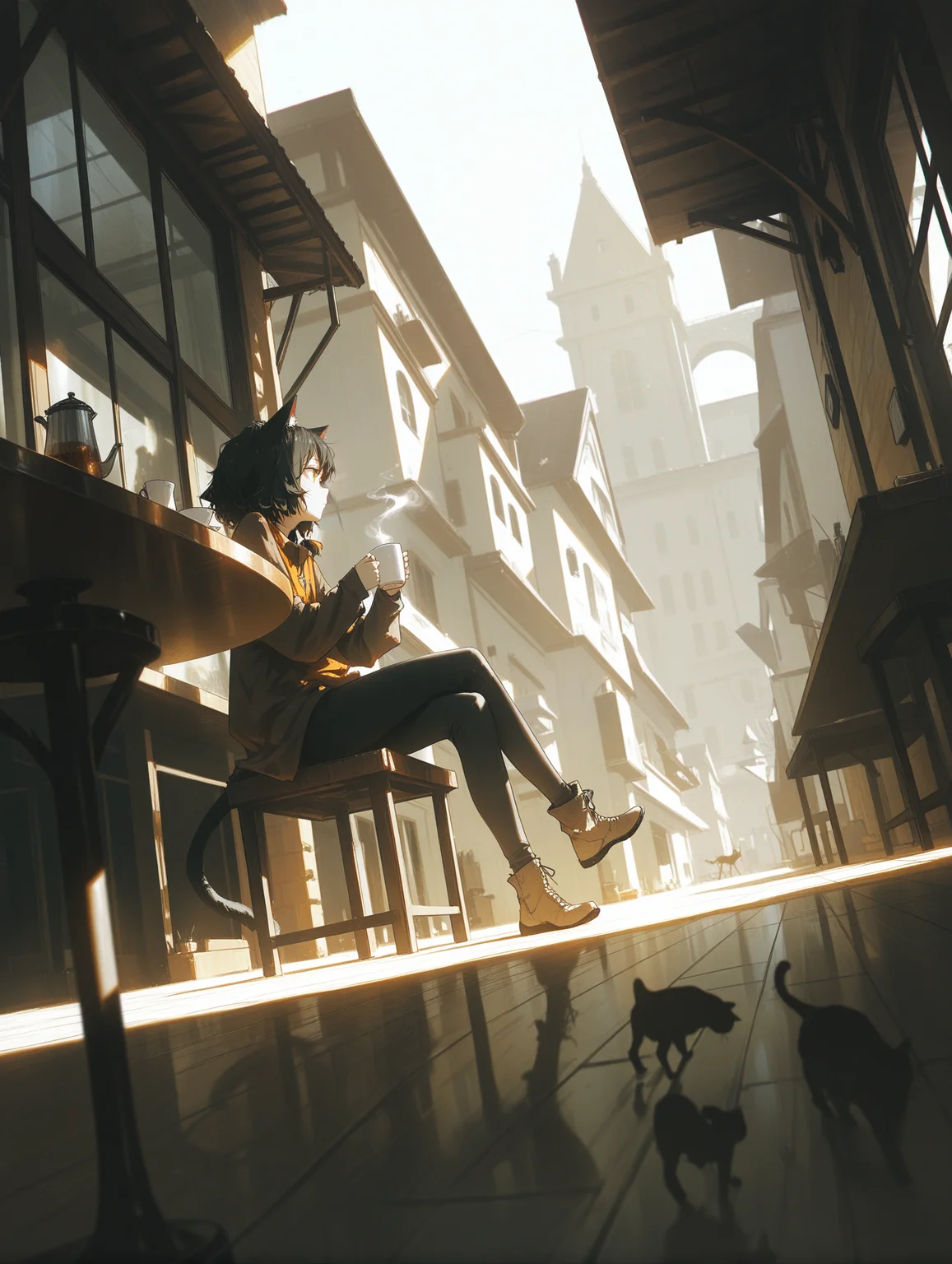 dino \(dinoartforame\), (konya karasue:1.2), 1girl, cat girl, scenery, wide shot, outdoors, full body shot, dynamic pose, cafe, sitting, holding cup, steam from cup, looking afar, thinking, day, sunlight, perspective, dutch angle, long shot, depth of field, crossed legs,
,masterpiece,best quality,amazing quality,