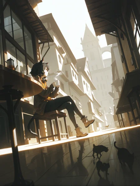 dino \(dinoartforame\), (konya karasue:1.2), 1girl, cat girl, scenery, wide shot, outdoors, full body shot, dynamic pose, cafe, sitting, holding cup, steam from cup, looking afar, thinking, day, sunlight, perspective, dutch angle, long shot, depth of field, crossed legs,
,masterpiece,best quality,amazing quality,