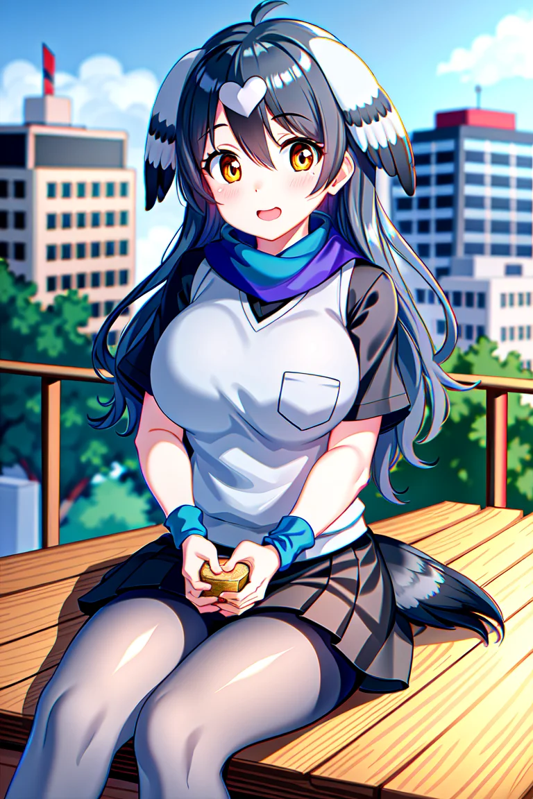 <lora:RockDoveKemonofriends_Kawarabato:0.6>,KAWARABATO
1girl,solo,masterpiece, best quality, high quality,delicate facial features,mishoujo,hyper_detail,game cg, finely detailed beautiful eyes and detailed face,lustrous skin,colorful
rock_pigeon_(kemono_friends),bird_girl,head wings,long hair, multicolored hair, grey hair, black hair, bird tail, bird wings, orange eyes,brown eyes, hair between eyes,large breasts,
multicolored clothes,shirt,vest,pleated skirt,gray_pantyhose, scarf, shoes, short sleeves, wristband,
(looking at viewer:1.4), (cowboy_shot:1.3),(sitting:1.4),blush,smile,open mouth,(eating:1.1),sandwich,
(city:1.3),(street),blue_sky,cloud,