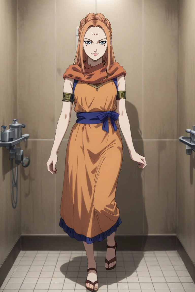 score_9, score_8_up, score_7_up, source_anime, rating_safe, , (photorealistic:0.6), , depth of field, 1girl, solo, <lora:yang_duanhe_pony:0.98>, yang_duanhe, orange hair, blue eyes, aged down, long hair, facial mark, forehead mark, braid, full body, bathroom, light, standing on one leg, smile, fur-trimmed dress, arm strap, <lora:sdxl_lightning_8step_lora:1>