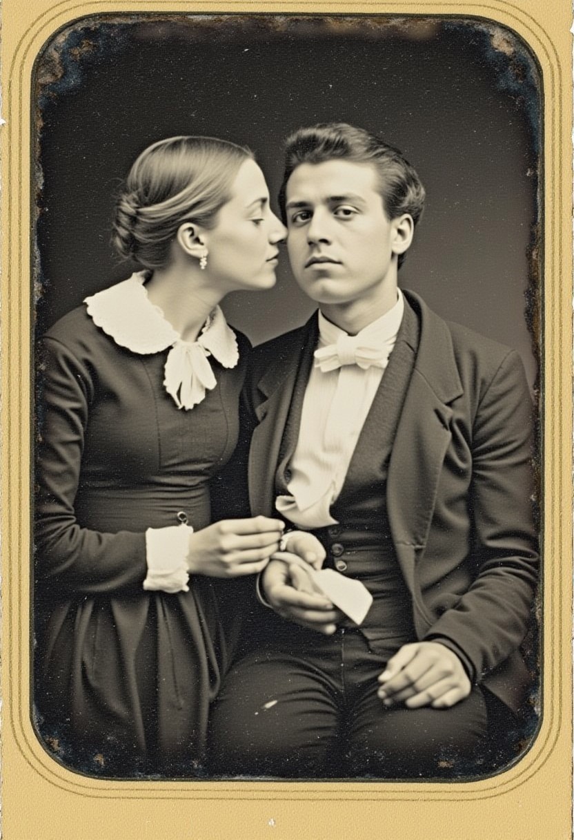 Daguerreotype of a Victorian couple exchanging a chaste kiss on the cheek. fully clothed. highly detailed, monochrome. both holding a valentine. Detailed hand, Hand, Perfect hand, Daguerreotype