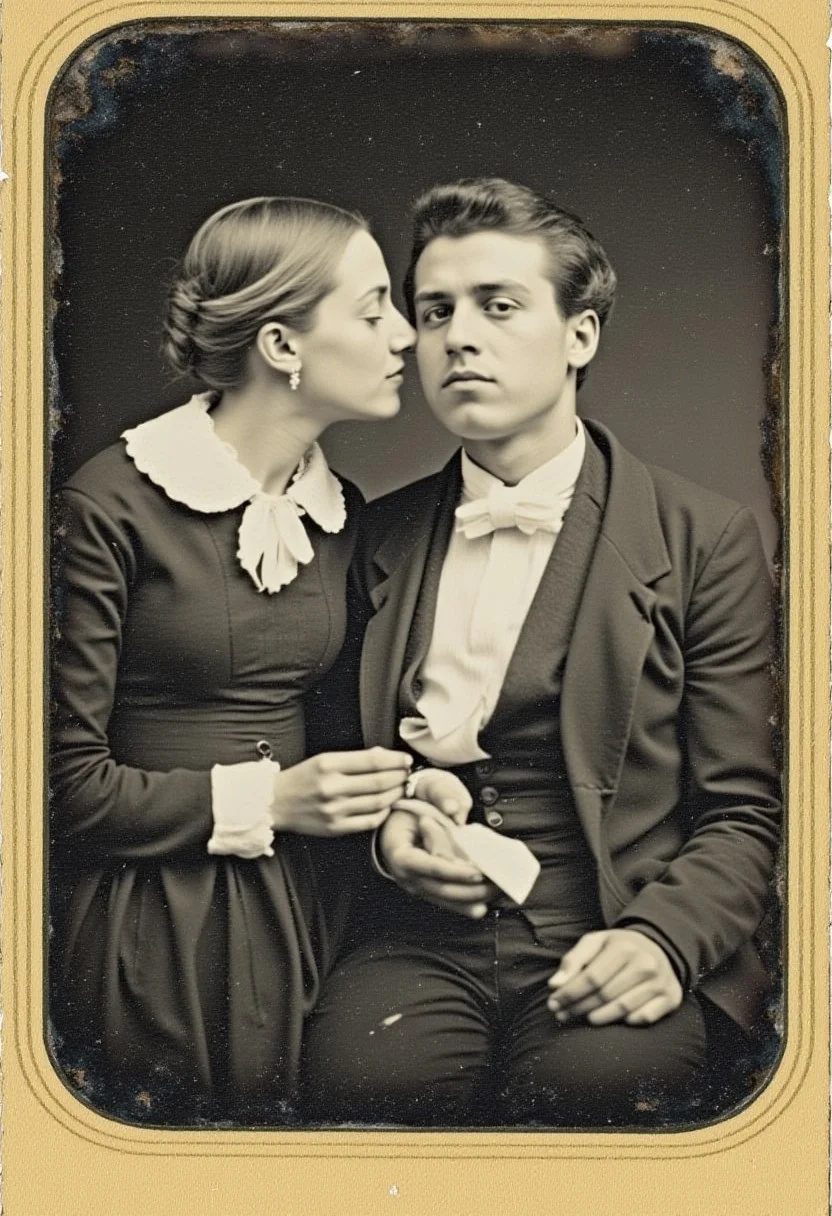 Daguerreotype of a Victorian couple exchanging a chaste kiss on the cheek. fully clothed. highly detailed, monochrome. both holding a valentine. Detailed hand, Hand, Perfect hand, Daguerreotype