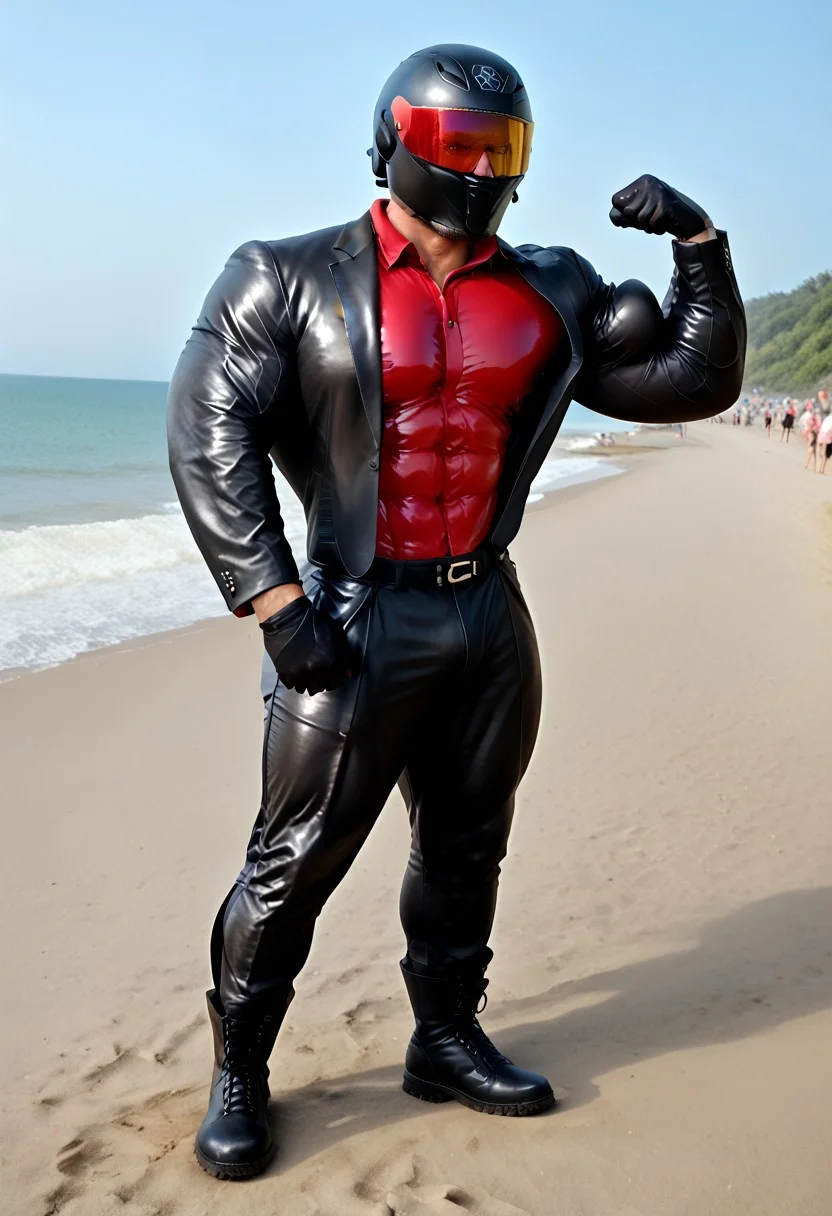 score_9, score_8_up, score_7_up, photo, photorealistic, rating_explicit, (solo:1.1), 1boy, black helmet with tinted visor, muscular male, masculine male, black glossy leather blazer suit, red glossy spandex shirt, formal, glossy pants, skintight, black rubber gloves, black rubber boots, abs, nipples, pecs, flexing, proud, sweaty, outdoors beach, five digits