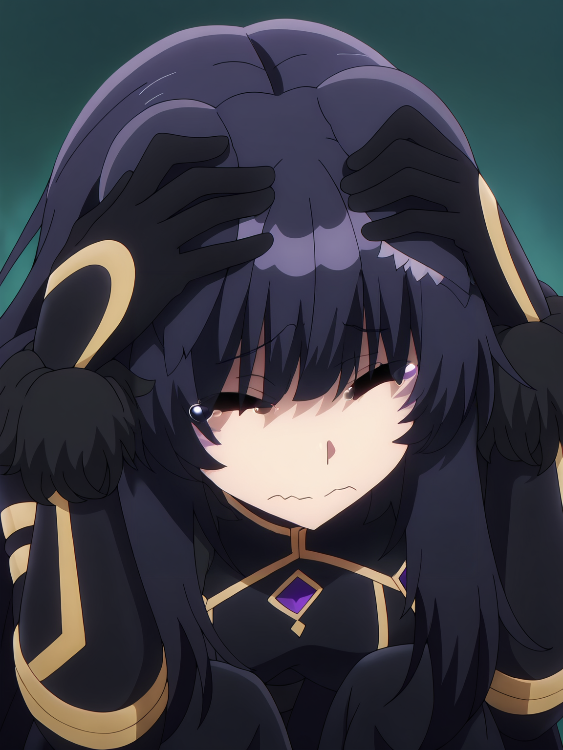 <lora:Delta_Character:0.8>delta, 1girl, solo, black long hair, purple whisker marks, black wolf ears, black crop top, black furry gloves, gold trim, gold accessories, closed eyes, quivering lip, scared, tears, hands on head, crouching, lowering wolf ears, portrait