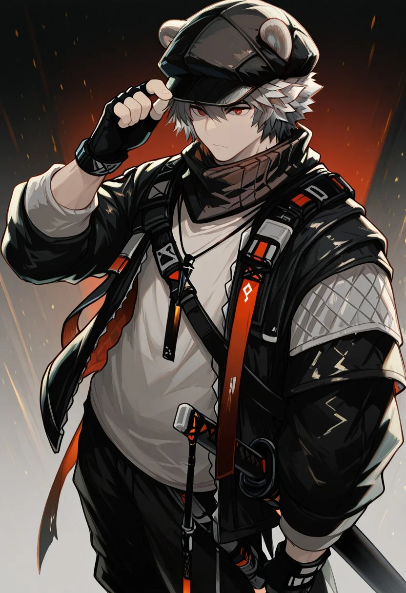 solo, 1boy, male focus, black jacket, red eyes, long sleeves, fingerless gloves, grey hair, black cabbie hat, shirt, black pants, black footwear, sword, sheath, hair between eyes, open jacket, bear_ears,
masterpiece,