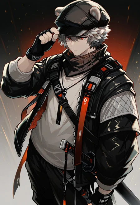 solo, 1boy, male focus, black jacket, red eyes, long sleeves, fingerless gloves, grey hair, black cabbie hat, shirt, black pants, black footwear, sword, sheath, hair between eyes, open jacket, bear_ears,
masterpiece,