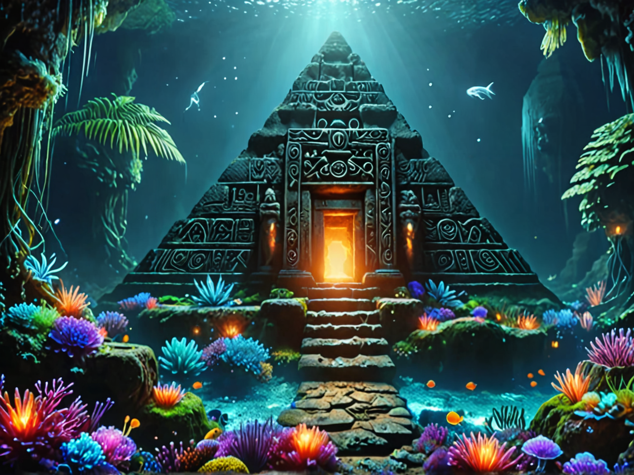 underwater cave, ruins of a lost Mesoamerican civilization pyramid deep , 4k, masterpiece, vivid colors, dramatic lighting <lora:addMoreDetails:1> Ultra details++ , add more details <lora:dvr-mthng-sdxl:0.8> dvr-mthng-sdxl