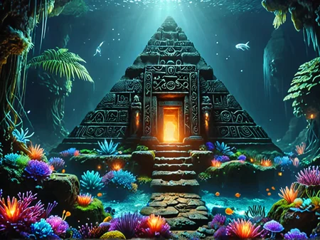 underwater cave, ruins of a lost Mesoamerican civilization pyramid deep , 4k, masterpiece, vivid colors, dramatic lighting <lora:addMoreDetails:1> Ultra details++ , add more details <lora:dvr-mthng-sdxl:0.8> dvr-mthng-sdxl