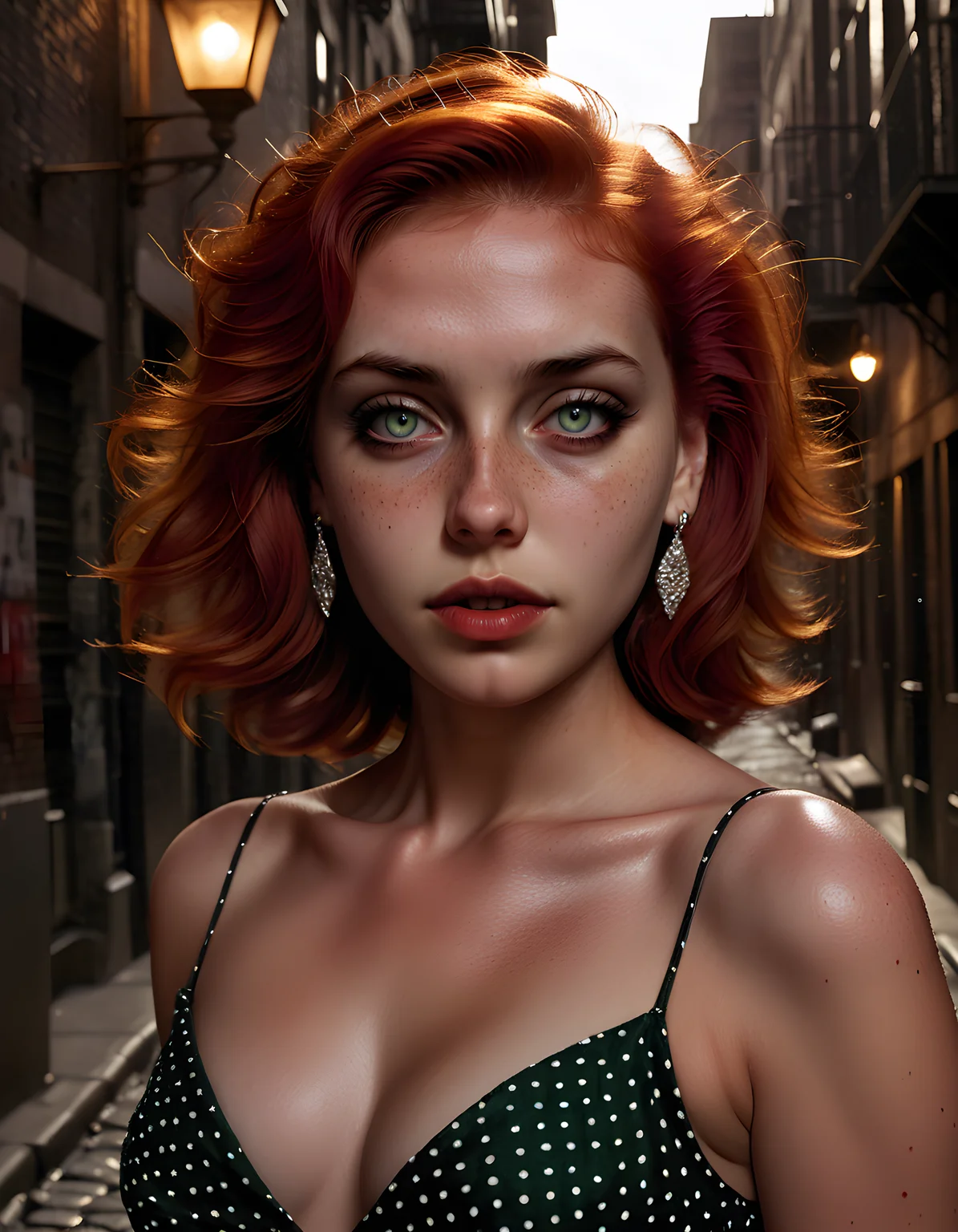 M4R150L, In a gritty, noir-inspired setting reminiscent of 1940s New York City alleyway, the image captures a striking woman with fiery red hair cascading down her shoulders, adorned in a form-fitting, polka-dotted dress with a low neckline that reveals a hint of her fair skin dotted with freckles. Her deep green cat eye makeup and dark red lipstick accentuate her intense gaze as she looks directly into the camera, her parted lips suggesting a hint of mystery. A single, glittering diamond earring dangles from each lobe, catching the dim, yellowish light from a nearby streetlamp that casts long, dramatic shadows across the cobblestone alleyway behind her. The focus is tight on her face, highlighting the delicate texture of her skin and the smoky, sultry atmosphere that envelops her, creating an emotionally charged and captivating close-up portrait.