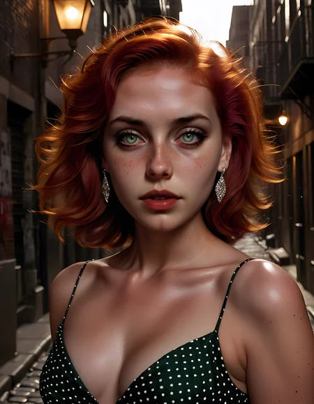 M4R150L, In a gritty, noir-inspired setting reminiscent of 1940s New York City alleyway, the image captures a striking woman with fiery red hair cascading down her shoulders, adorned in a form-fitting, polka-dotted dress with a low neckline that reveals a hint of her fair skin dotted with freckles. Her deep green cat eye makeup and dark red lipstick accentuate her intense gaze as she looks directly into the camera, her parted lips suggesting a hint of mystery. A single, glittering diamond earring dangles from each lobe, catching the dim, yellowish light from a nearby streetlamp that casts long, dramatic shadows across the cobblestone alleyway behind her. The focus is tight on her face, highlighting the delicate texture of her skin and the smoky, sultry atmosphere that envelops her, creating an emotionally charged and captivating close-up portrait.