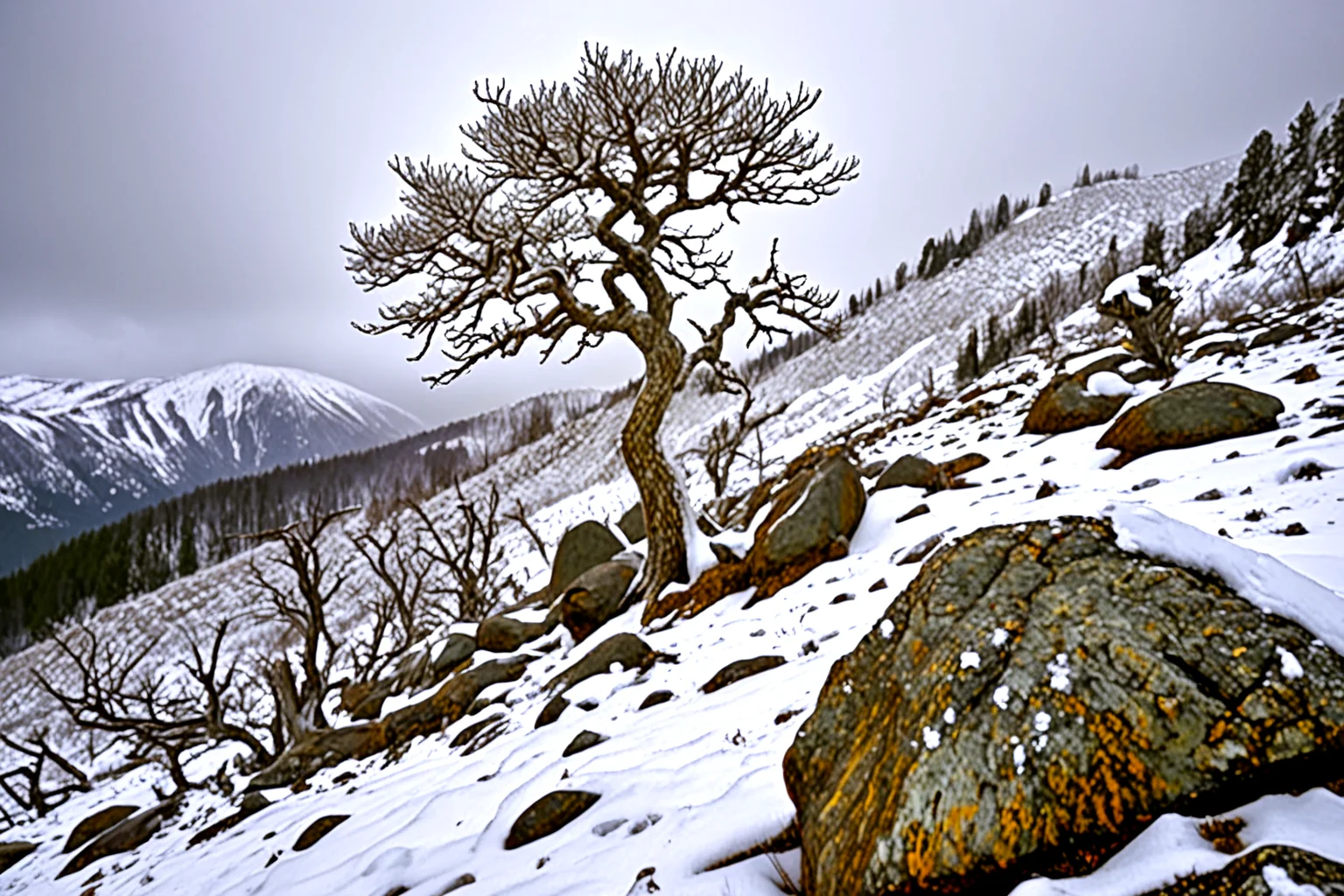 <lora:pytorch_lora_weights_361535:1>,A amazing photography of a windswept ridge in the middle of a (snowstorm:1.2), icy gusts bending brittle trees, faint veins of (pale white glowing:1.1) lichen shining through the snow on scattered rocks,, Masterpiece,best quality,realistic,HDR, 8K, masterpiece, best_quality, absurdres, ultra-detailed, highly_aesthetic, depth_of_field
