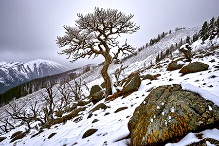 <lora:pytorch_lora_weights_361535:1>,A amazing photography of a windswept ridge in the middle of a (snowstorm:1.2), icy gusts bending brittle trees, faint veins of (pale white glowing:1.1) lichen shining through the snow on scattered rocks,, Masterpiece,best quality,realistic,HDR, 8K, masterpiece, best_quality, absurdres, ultra-detailed, highly_aesthetic, depth_of_field