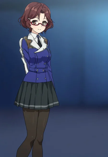 blurred background,
smile,
looking at viewer,
solo,
hundred_-_erica_candle, short_hair, brown_hair, hair_ornament, hairclip, brown_eyes, semi-rimless_eyewear, red-framed_eyewear, medium_breasts,
school_uniform, jacket, long_sleeves, black_necktie, skirt, black_pantyhose,
standing,
masterpiece,best quality,good quality,newest,