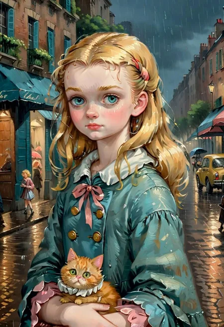 Of a blond girl with a cute small ginger cats, street, rain, (detailed background:1.125), by (Franois Boucher:1.36), trending on artstation,  best quality, 4k textures, ultra detailed