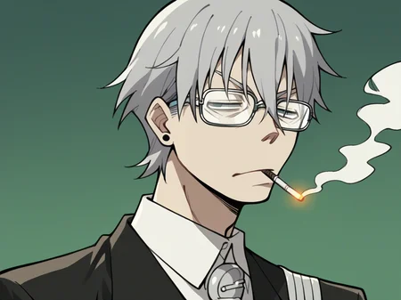 score_9, score_8_up, score_7_up, score_6_up, score_5_up, <lora:SoulEaterXLP:1> soul eater, 1boy, glasses, male focus, solo, opaque glasses, cigarette, smoking, industrial pipe, grey hair