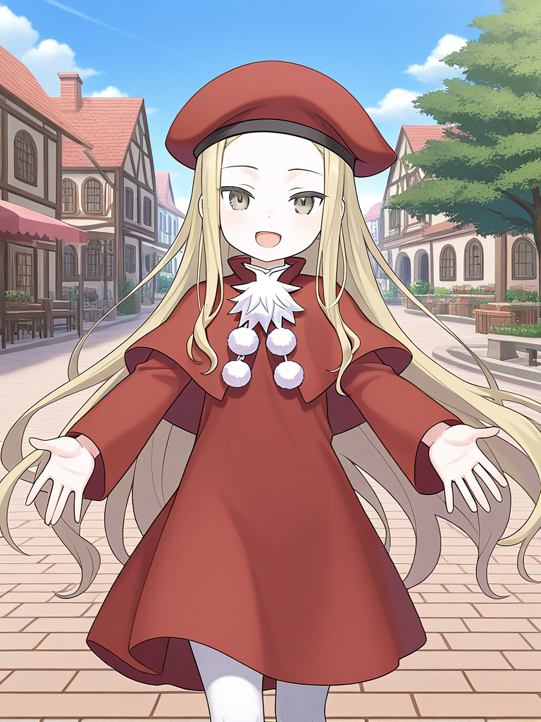 general,highres, game cg, ultra-detailed,very aesthetic,best quality ,best hands,  BREAK <lora:Belfraw_Martini_IS:1>
Belfraw_Martini, 1girl, solo, very long hair, blonde hair, gray eyes, happy,
red beret, bangs, short stack, 1girl, solo, open mouth, pom pom (clothes), 
capelet, sky, :d, looking at viewer, long sleeves, white pantyhose, red dress, outdoor, town, tree, smile, looking at viewer, cowboy Shot,