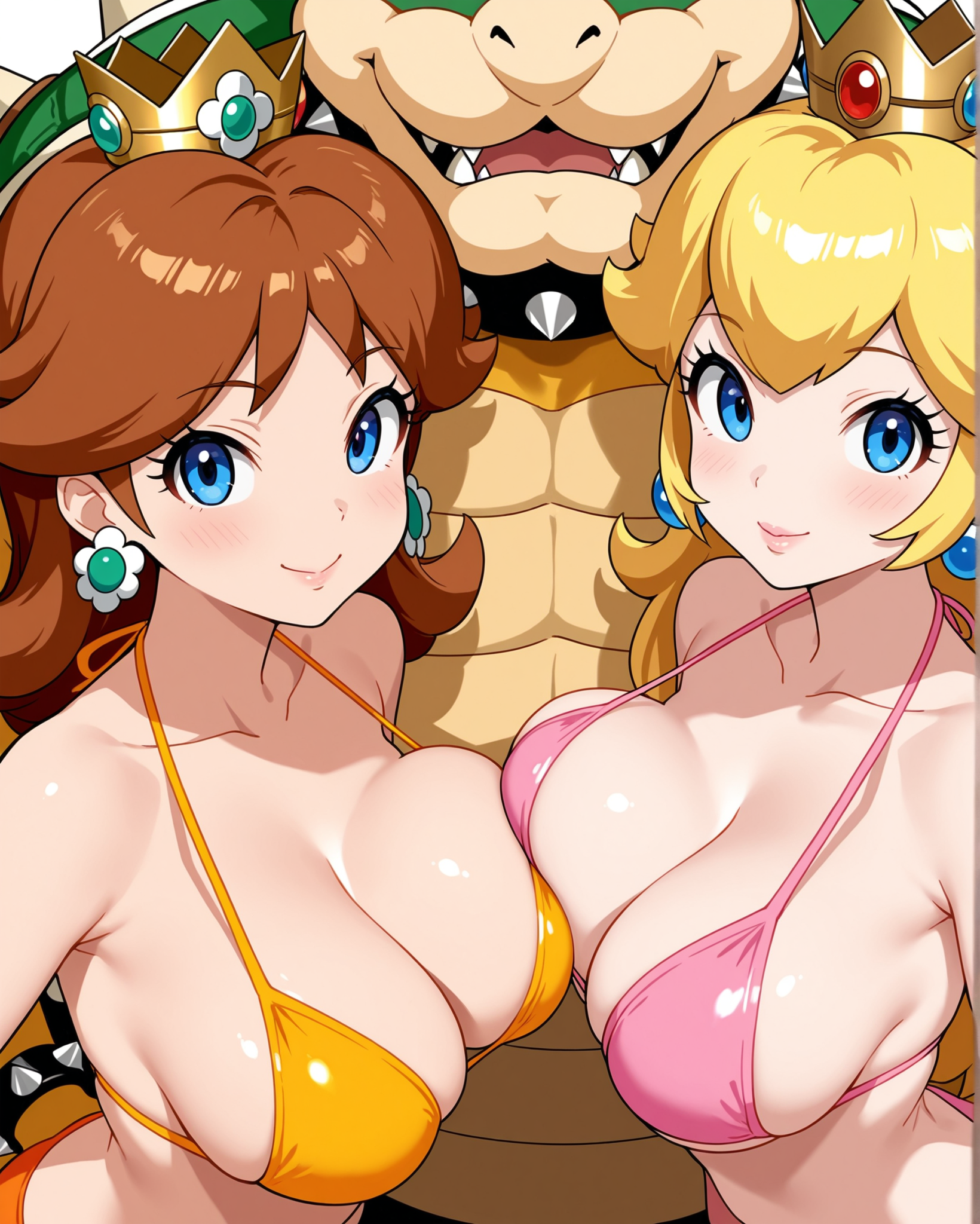 masterpiece, best quality, 2girls, 1boy, princess peach, princess daisy, standing, upper body, smile, large breasts, perky breasts, cleavage, bikini, <lora:Girl_Sandwich_2girls_1boy_Illustrious:1>, girl_sandwich,  2girls1boy, breast press, male face out of frame, bowser, monster and girls, looking at viewer,