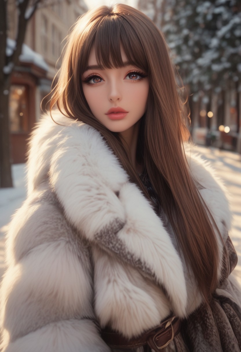 score_9, score_8, score_7_up, 1woman, silver fox fur, massive short fur coat, soft, pouty lips, pinup pose, perfect eyes, beautiful eyes, big eyes, cute eyes, brown hair, very long hair, hair bangs, pleasure face, looking at viewer, upper body, winter, smooth and soft, side view,