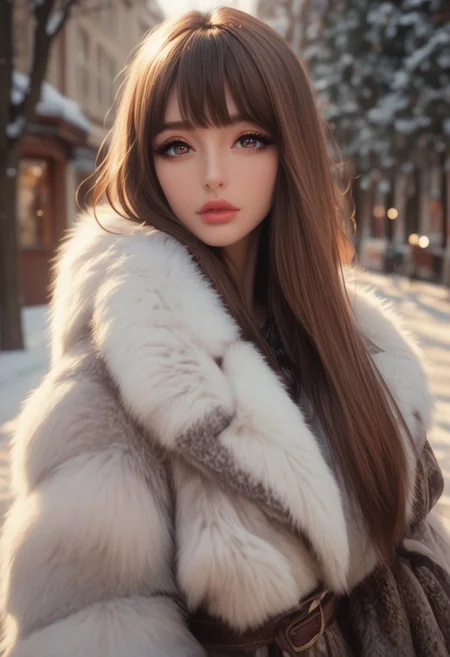 score_9, score_8, score_7_up, 1woman, silver fox fur, massive short fur coat, soft, pouty lips, pinup pose, perfect eyes, beautiful eyes, big eyes, cute eyes, brown hair, very long hair, hair bangs, pleasure face, looking at viewer, upper body, winter, smooth and soft, side view,