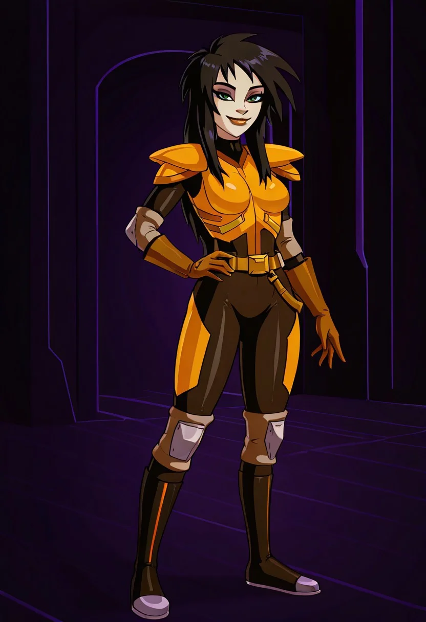 <lora:KylieGriffinIllustrious1.0JLFO:1> kylie,1girl, solo, makeup, black hair, long hair, lipstick, gloves,belt, breasts, bodysuit,armor, green eyes,simple background, looking at viewer, hand on own hip, smile, fullbody, indoors,