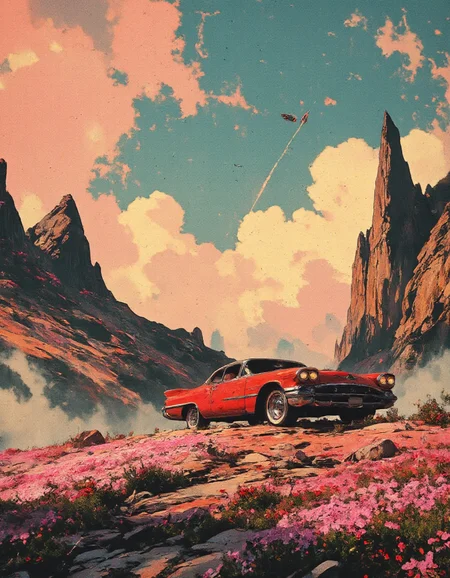 A vibrant surreal landscape featuring a classic red retro car parked on a colorful hillside covered with lush pink and red wildflowers. The sky is a dreamy mix of soft pastel blues, pinks, and oranges, filled with fluffy, scattered clouds. In the distance, sharp rocky cliffs rise dramatically, adding contrast to the smooth curves of the car. A distant planet or moon is visible in the bright sky, enhancing the otherworldly atmosphere. The scene is bathed in warm, golden sunlight, creating a magical, ethereal vibe. Highly detailed, cinematic lighting, dreamy and surreal aesthetic with vivid colors