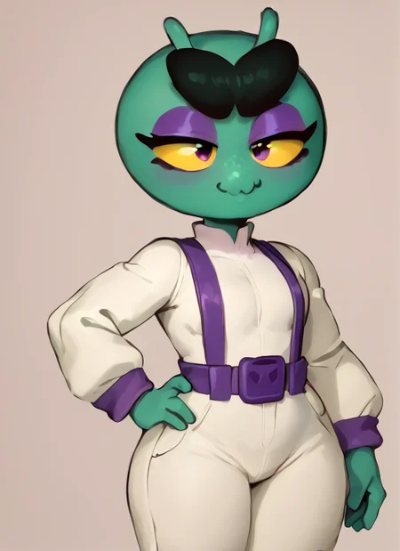 score_9, score_8_up, score_7_up, <lora:bseve:1> bseve ,1 girl , green skin , no humans, monobrow , no hair ,yellow sclera, antennae, eyeshadow, suspenders ,white bodysuit, long sleeves, pants , suspenders, <lora:Kittew-4RCH0N:1> , smile , half-closed eyes, hand on own hip,