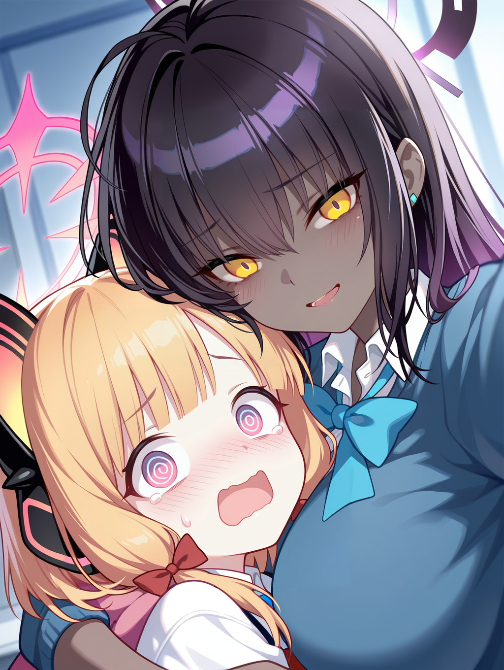 {{quan (kurisu tina)}},{portrait},karin \(blue archive\),momoi \(blue archive\),2girls,upper body,arm around neck,@ @,open mouth,scared,smile,blush,standing,looking at viewer,
,masterpiece,best quality,amazing quality,