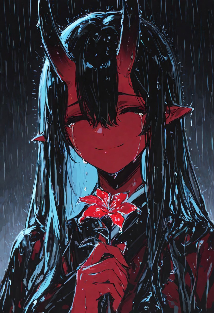 masterpiece,best quality,absurdres,very awa,highres,newest,year 2024,year 2023,,XUER guangying,
sad,1girl,crying,holding flower,dark,portrait,sketch,limited palette,sidelighting,smile,no eyes,long hair,hair between eyes,wet hair,rain,water drop,
(sexy, slutty, hot, aroused), happy,
Aka-Oni, oni, colored skin, red skin, smooth horns, black horns