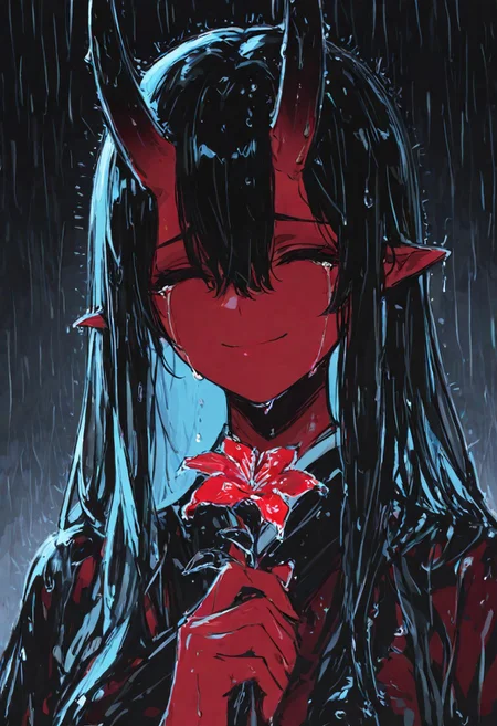 masterpiece,best quality,absurdres,very awa,highres,newest,year 2024,year 2023,,XUER guangying,
sad,1girl,crying,holding flower,dark,portrait,sketch,limited palette,sidelighting,smile,no eyes,long hair,hair between eyes,wet hair,rain,water drop,
(sexy, slutty, hot, aroused), happy,
Aka-Oni, oni, colored skin, red skin, smooth horns, black horns