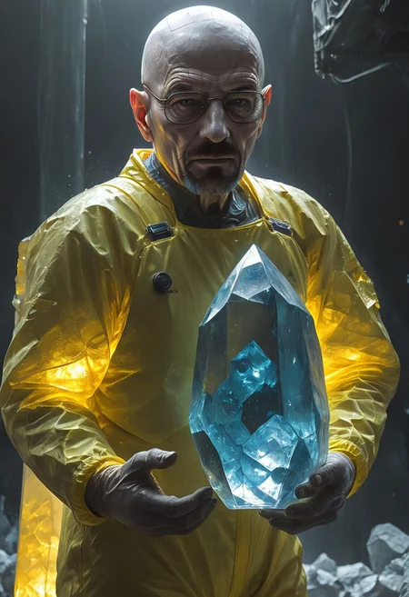 masterpiece, highres, high detail, detailed, rp_slgd, Walter White from Breaking Bad holds a giant blue crystal in his hands. He's wearing a yellow hazmat suit, dark chemical factory background