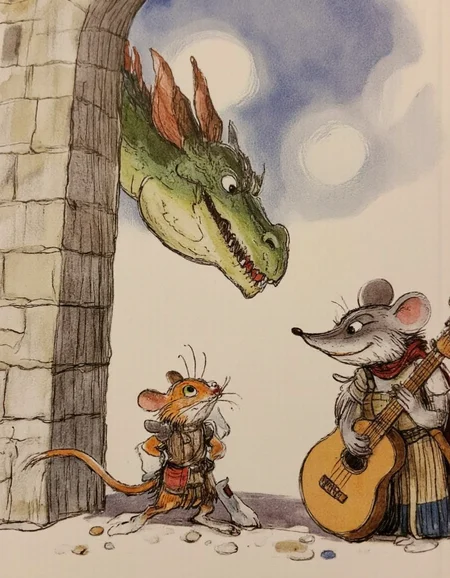 <lora:suteev:1>, <lora:chzcat:0.4>, This image is a detailed digital drawing in a whimsical, cartoon style. The scene depicts a medieval fantasy setting, featuring a large, majestic dragon and two anthropomorphic characters. The dragon is a fierce, red-and-green creature with large, sharp teeth, a long snout, and menacing eyes. It stands tall, with a muscular, scaly body, and is positioned slightly to the left of the image, occupying most of the background., 
In the foreground, to the right, stands a gray mouse dressed in medieval attire, complete with a red scarf and a brown, leather-like tunic. The mouse is holding an acoustic guitar, strumming it with one paw while the other rests on its hip. The mouse has a friendly, confident expression, and its eyes are wide and expressive., 
In the center of the image, a small, orange and white cat dressed in medieval armor stands on two legs, looking up at the dragon with a curious, slightly fearful expression. The cat is wearing a brown, metal breastplate and a red sash around its waist. It has a small, pointed sword at its side., 
The background features a stone archway with a clear blue sky and fluffy clouds above, suggesting an outdoor location. The overall mood is light-hearted and humorous
