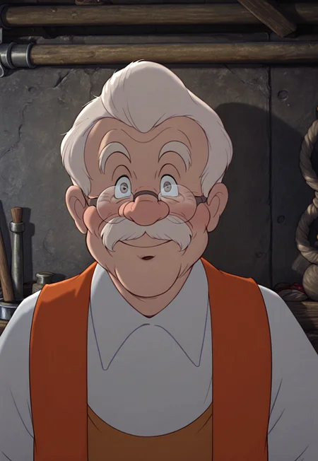 solo, masterpiece, modern, new, 1boy, male, masculine face, daddy looking face, w0lfc0nf

DisneyGeppetto, white hair, old man, mustache, glasses. vest, white shirt, face focus, headshot, looking at viewer, smiling, workshop
