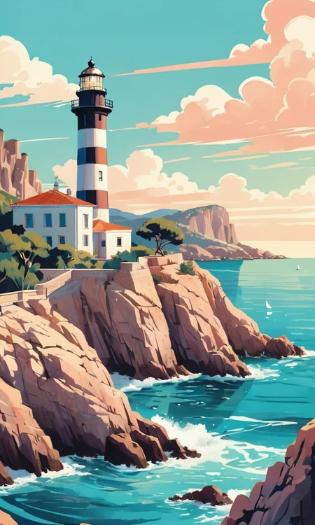 4n1v3rs3, 1girl, 4n1v3rs3, zPDXL2, Create an art deco inspired illustration of A scenic lighthouse perched on a rocky coastline, overlooking the turquoise waters of Cala Ratjada. Include vibrant pastel colors, sleek lines, and a retro summer atmosphere. The style should be reminiscent of vintage travel posters with a modern twist, <lora:add-detail-xl:2>