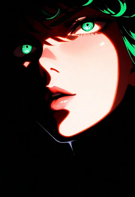 1girl, tatsumaki from one punch man, lips, thin lips, parted lips, solo,  dark, underlightling, masterpiece, best quality, very aesthetic, face focus
