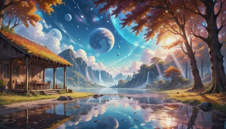 <lora:Dreamyvibes - Alt-Version - Trigger is Dreamyvibes Artstyle:1> Dreamyvibes artstyle, shimmering Reflective, Storehouse. hyperdimensional in cosmic. Highly representative of HeatWave, and Brunchtime. Zero-gravity sports is visible in the distance.