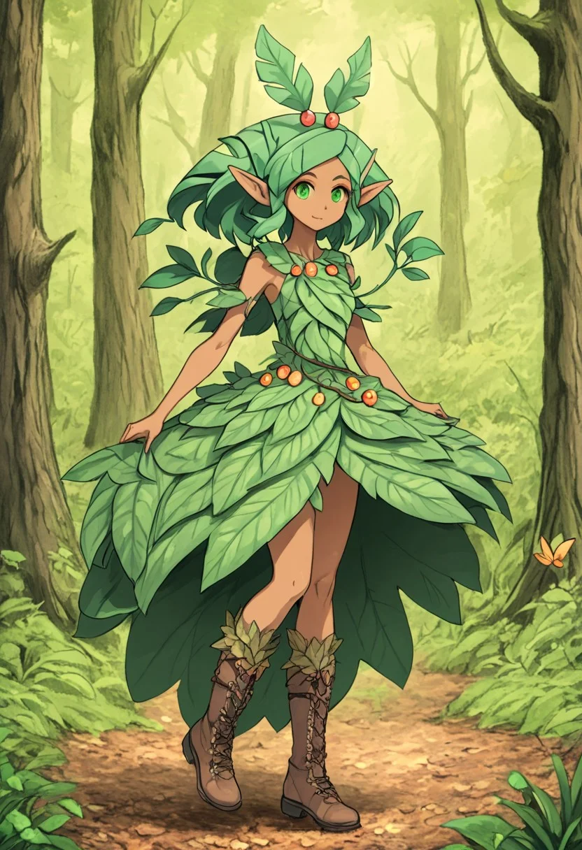novuschroma72 style, challua_wf, green eyes, green hair, tan skin, pointy ears, leaf_dress, boots, hair ornament, anime, German dress, in a forest
