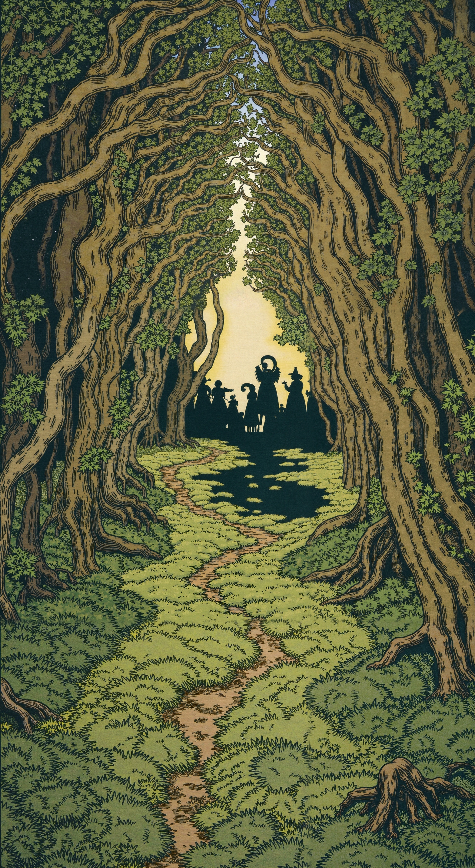 An illustration in the style of Ivan Bilibin depicting a magical forest with tall, curved trees and soft, golden light shining through the crowns. In the foreground is a leafy path leading to a mysterious glade where silhouettes of mythical creatures can be seen.