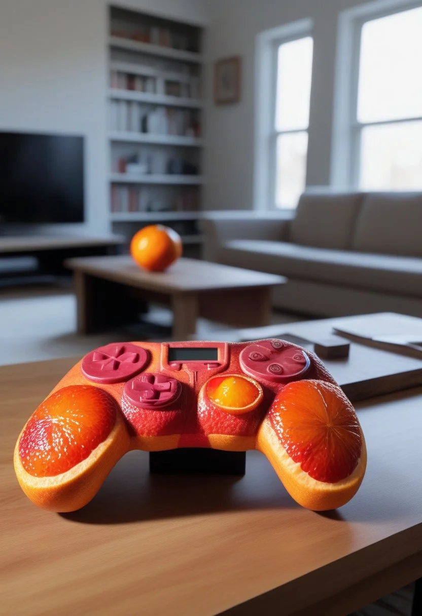 Video game controller made of blood oranges, on a table in a livingroom