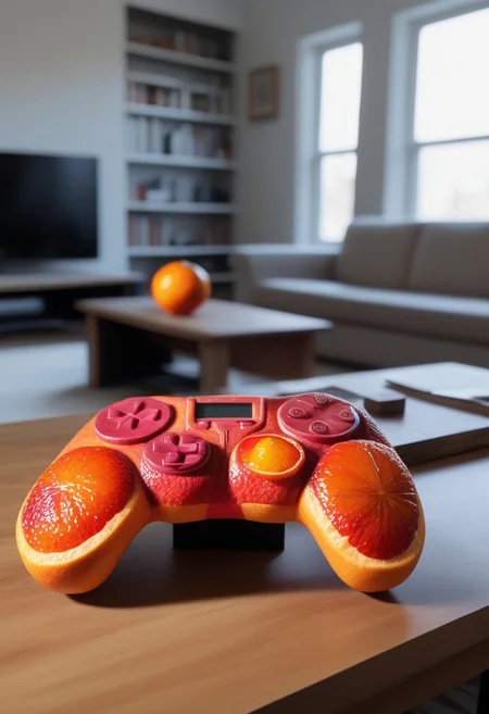 Video game controller made of blood oranges, on a table in a livingroom