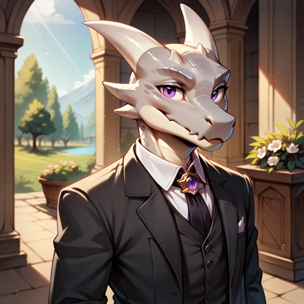 (((detailed, beautiful, high quality))), score_9, score_8_up, score_7_up, solo, 
kobold, furry dragon, tail, short stature,
1boy, male focus, grey skin, purple eyes, black formal costume, 
looking at the viewer,
fantasy background, blurred background,