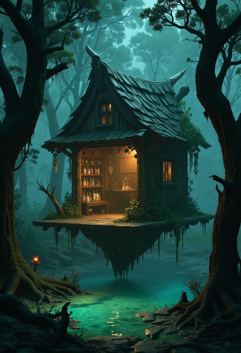 Within a dense swamp shrouded by twisted cypress trees, a floating wooden platform leads to a crooked hut perched on giant roots. Glowing swamp gas dances among the vines, revealing carved masks that hang from every branch. Inside the hut, shelves brim with potions bottled in jars shaped like snarling beasts. A small door at the back opens to a hidden dock where a rickety canoe awaits, rumored to ferry souls to an otherworldly realm where witches bargain in riddles.
   , aidmabaldursgate3