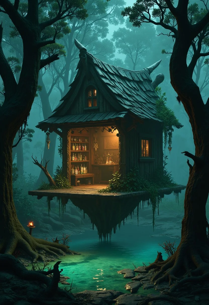 Within a dense swamp shrouded by twisted cypress trees, a floating wooden platform leads to a crooked hut perched on giant roots. Glowing swamp gas dances among the vines, revealing carved masks that hang from every branch. Inside the hut, shelves brim with potions bottled in jars shaped like snarling beasts. A small door at the back opens to a hidden dock where a rickety canoe awaits, rumored to ferry souls to an otherworldly realm where witches bargain in riddles.
, aidmabaldursgate3