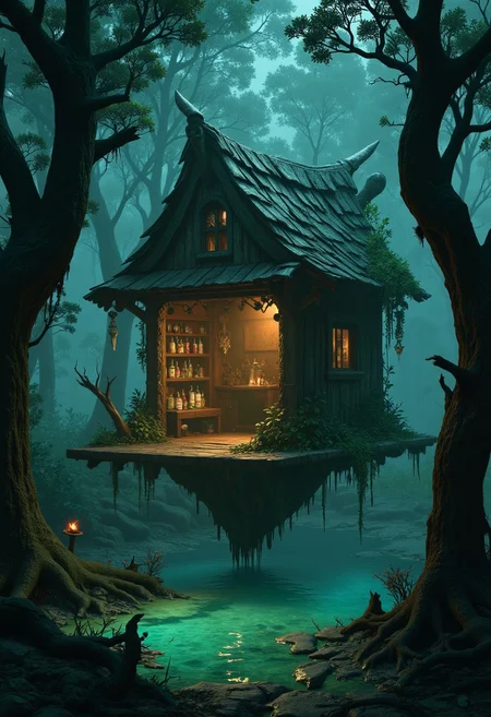 Within a dense swamp shrouded by twisted cypress trees, a floating wooden platform leads to a crooked hut perched on giant roots. Glowing swamp gas dances among the vines, revealing carved masks that hang from every branch. Inside the hut, shelves brim with potions bottled in jars shaped like snarling beasts. A small door at the back opens to a hidden dock where a rickety canoe awaits, rumored to ferry souls to an otherworldly realm where witches bargain in riddles.
   , aidmabaldursgate3