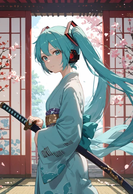 score_9, score_8_up, score_7_up, 1girl, sheathed sword, hatsune miku, kimono, japanese clothes, from side, katana, looking at viewer
<lora:sheathed_sword_pony_1_final:1>