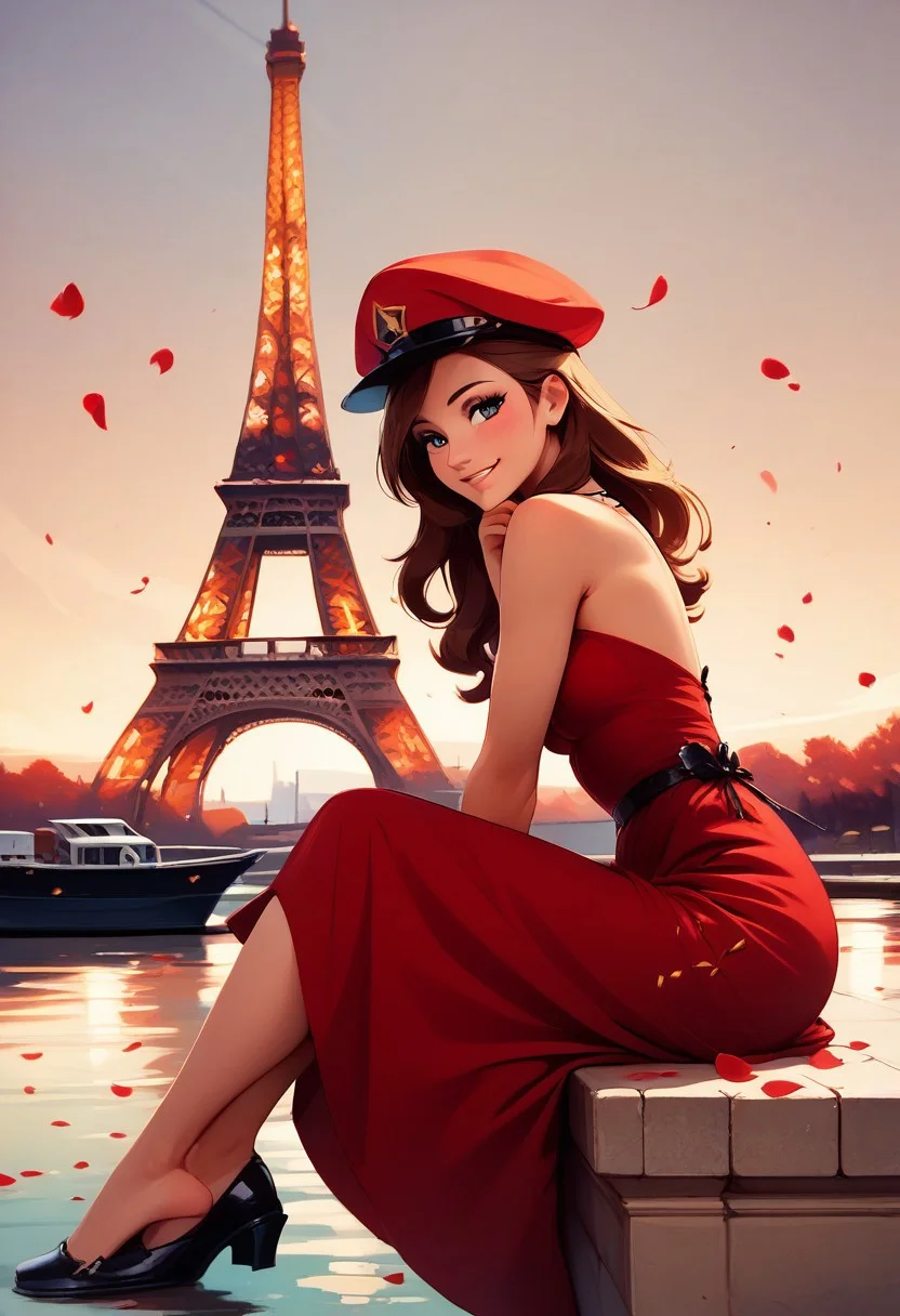score_9, score_8_up, score_8, medium breasts, (curvy), cute, eyelashes,
rating safe,
BREAK,
zzEiffelTower in background, 1girl, solo, long hair, brown hair, hat, dress, bare shoulders, sitting, red dress, red headwear, watercraft, boat, sitting on wall, side view, looking at viewer, smile, BREAK, blooming stars, luminescent petals, otherworldly fragrance blurry background,
BREAK,
smile, looking at viewer,
abstract background,
zPDXL, Expressiveh